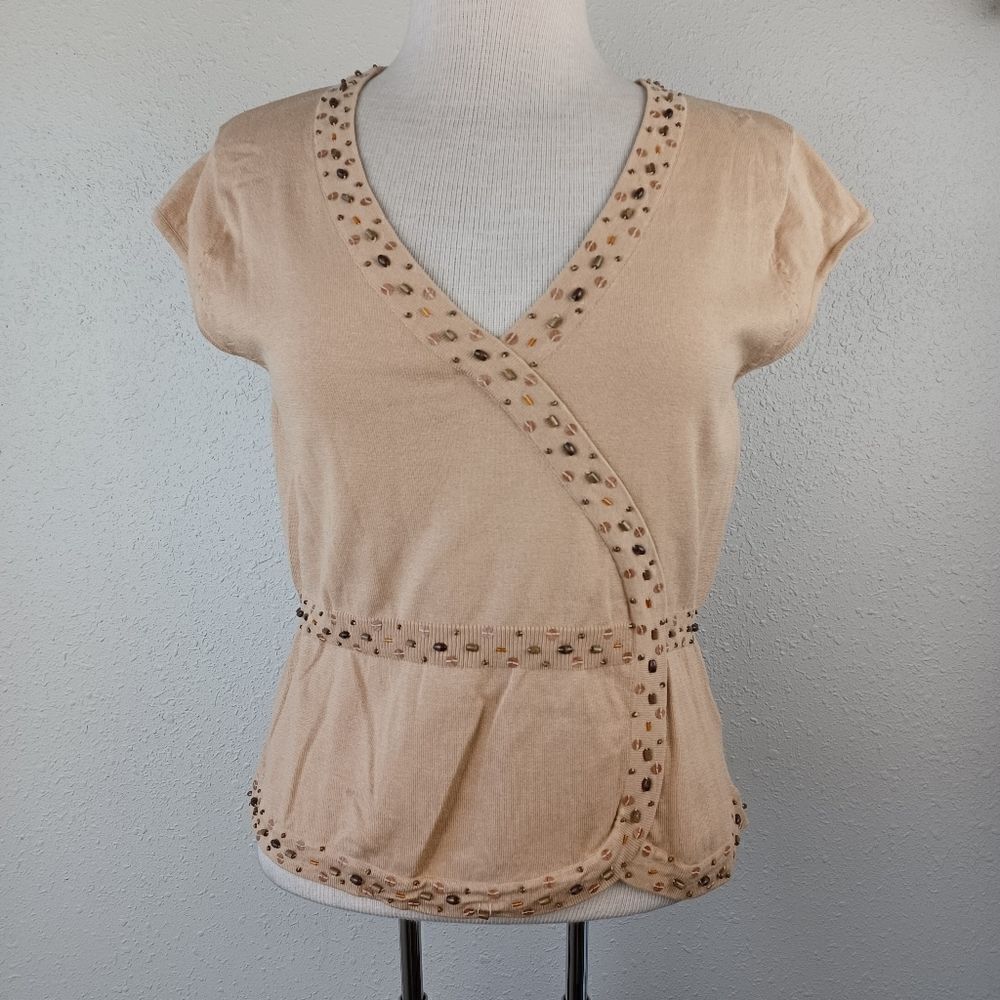 EUC Bandolino Women's Tan and Beaded Blouse Size M